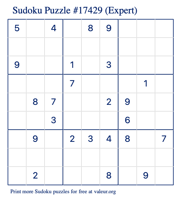 Free Printable Expert Sudoku Puzzle number 17429