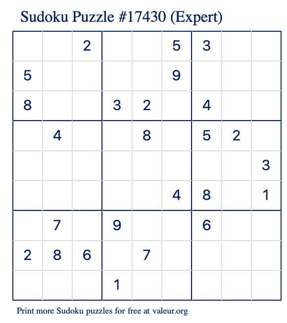 Free Printable Expert Sudoku Puzzle number 17430