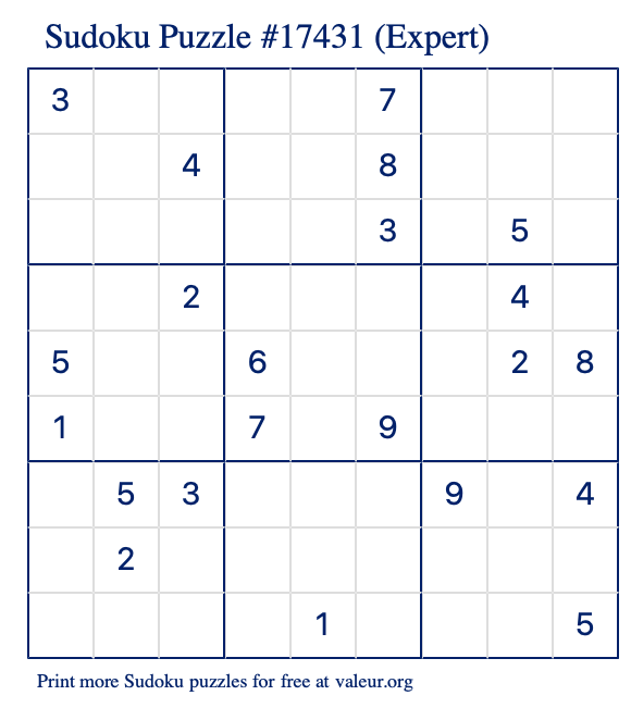 Free Printable Expert Sudoku Puzzle number 17431