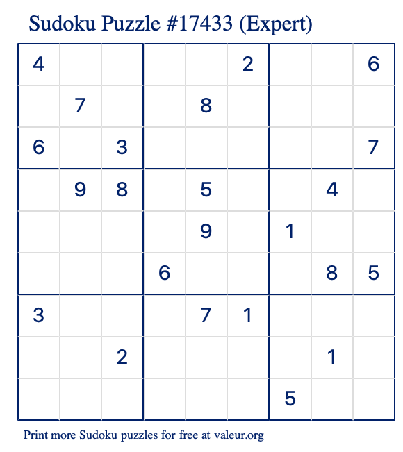 Free Printable Expert Sudoku Puzzle number 17433