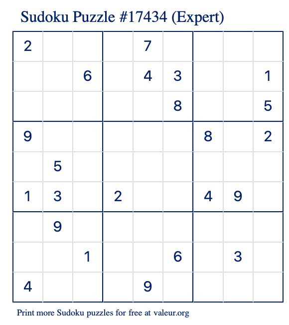 Free Printable Expert Sudoku Puzzle number 17434