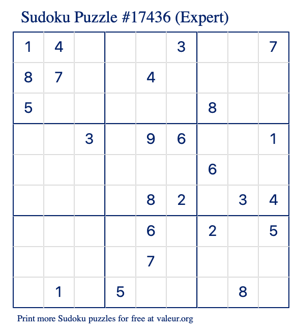 Free Printable Expert Sudoku Puzzle number 17436