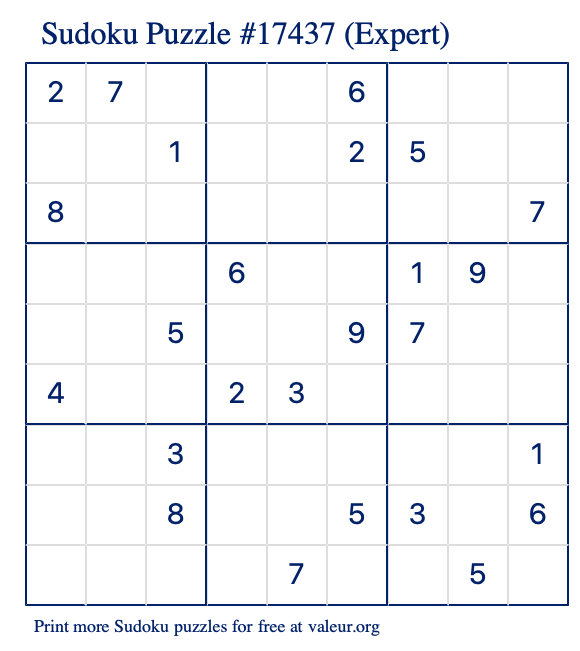 Free Printable Expert Sudoku Puzzle number 17437