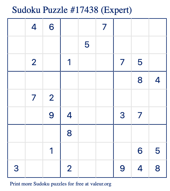 Free Printable Expert Sudoku Puzzle number 17438