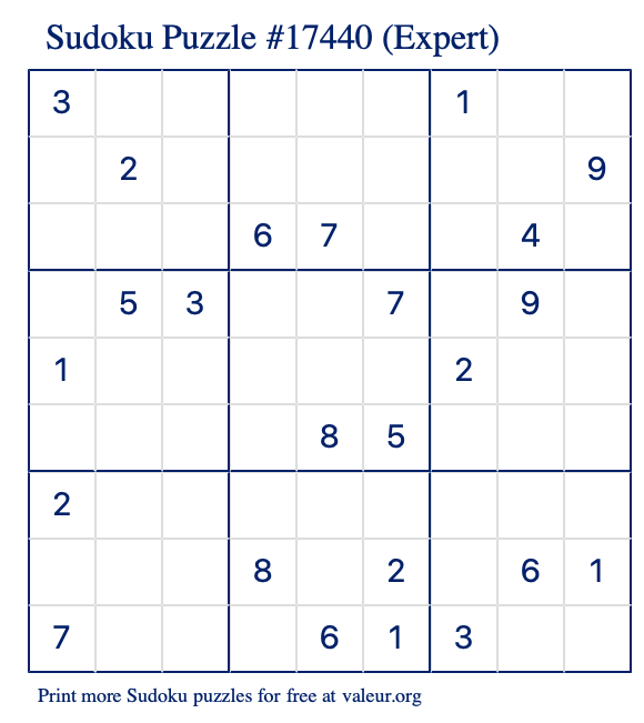 Free Printable Expert Sudoku Puzzle number 17440