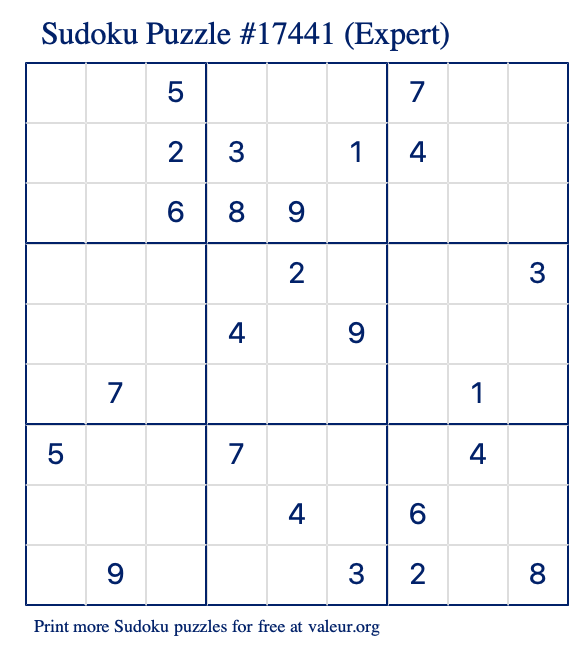 Free Printable Expert Sudoku Puzzle number 17441