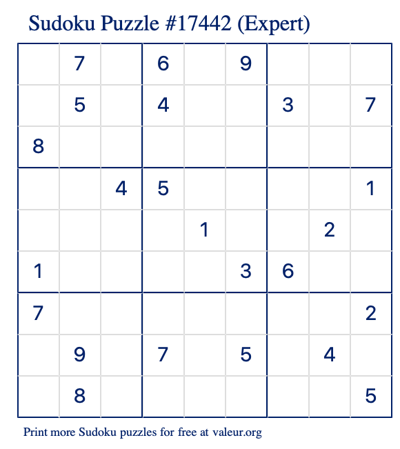 Free Printable Expert Sudoku Puzzle number 17442