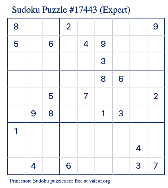 Free Printable Expert Sudoku Puzzle number 17443