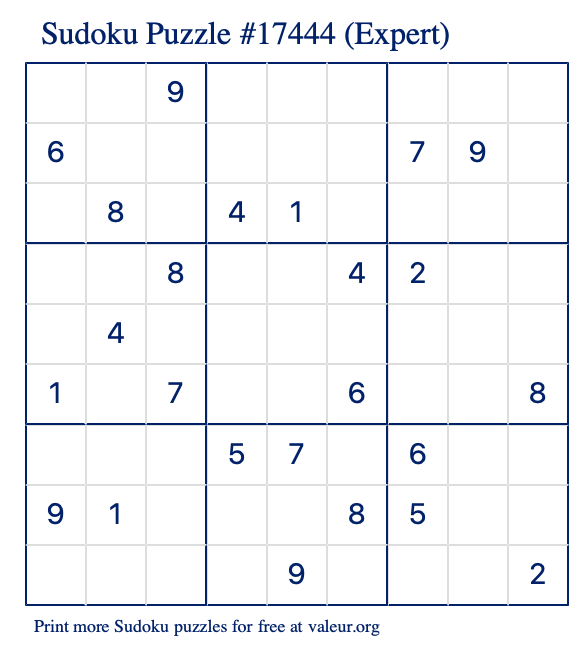 Free Printable Expert Sudoku Puzzle number 17444