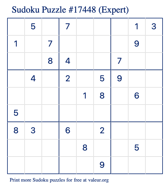 Free Printable Expert Sudoku Puzzle number 17448