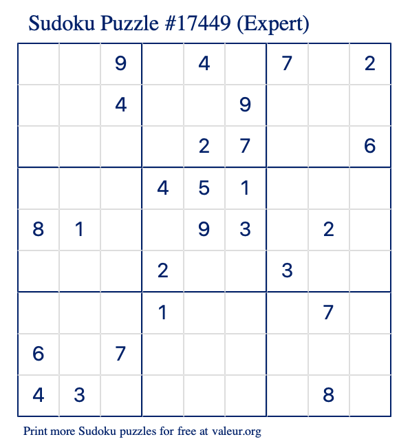 Free Printable Expert Sudoku Puzzle number 17449