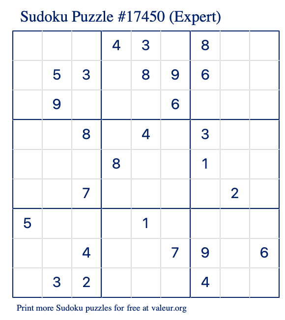 Free Printable Expert Sudoku Puzzle number 17450