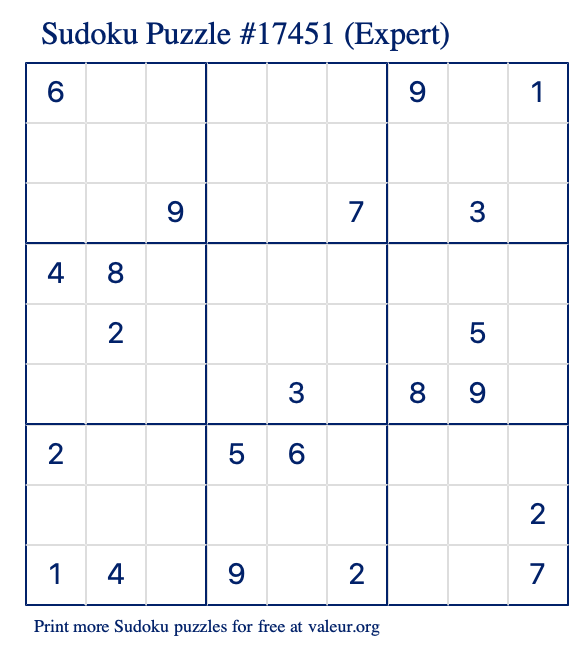 Free Printable Expert Sudoku Puzzle number 17451