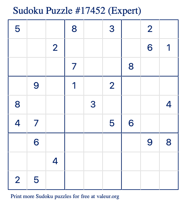 Free Printable Expert Sudoku Puzzle number 17452