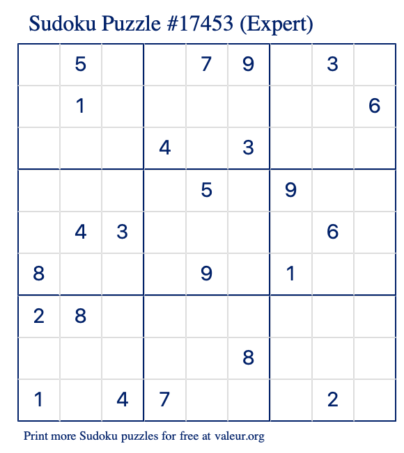 Free Printable Expert Sudoku Puzzle number 17453