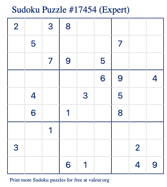 Free Printable Expert Sudoku Puzzle number 17454