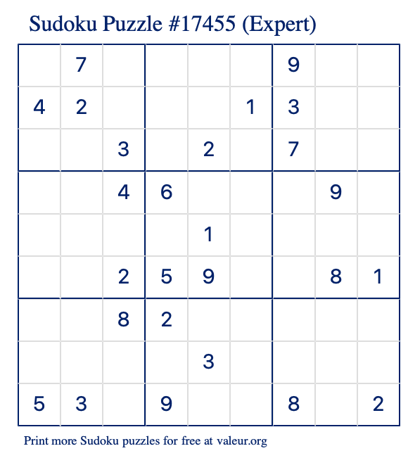 Free Printable Expert Sudoku Puzzle number 17455