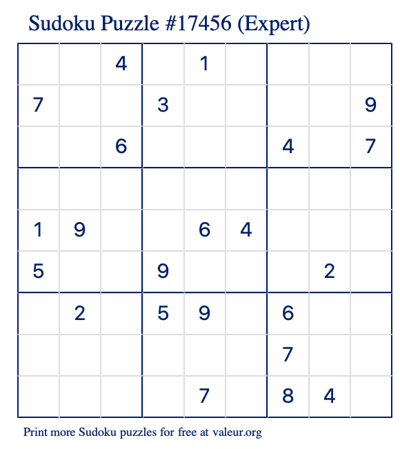 Free Printable Expert Sudoku Puzzle number 17456