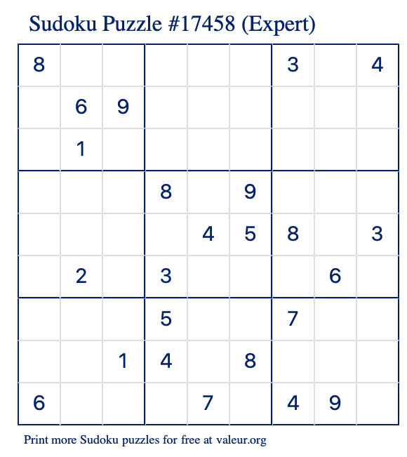 Free Printable Expert Sudoku Puzzle number 17458