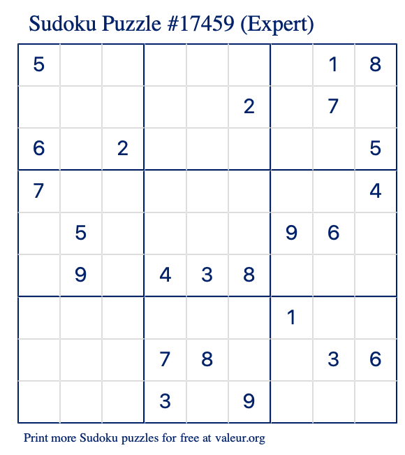 Free Printable Expert Sudoku Puzzle number 17459