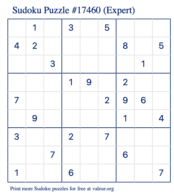 Free Printable Expert Sudoku Puzzle number 17460