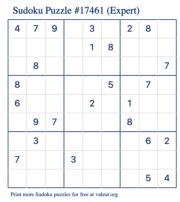 Free Printable Expert Sudoku Puzzle number 17461