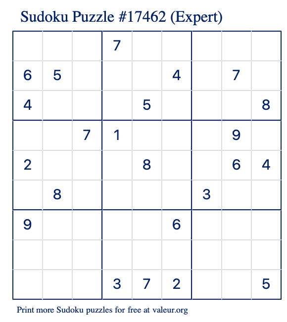 Free Printable Expert Sudoku Puzzle number 17462