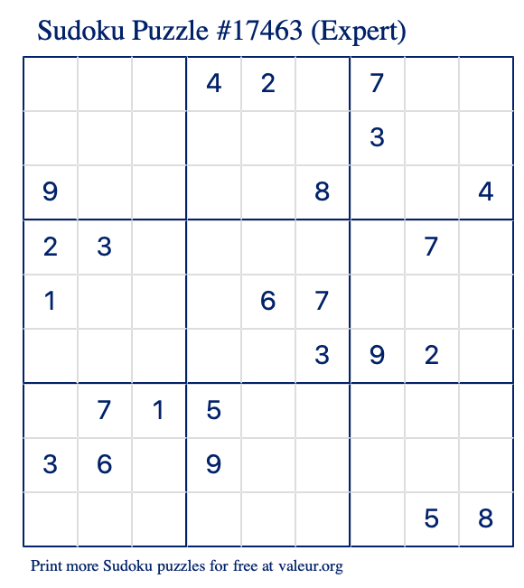 Free Printable Expert Sudoku Puzzle number 17463