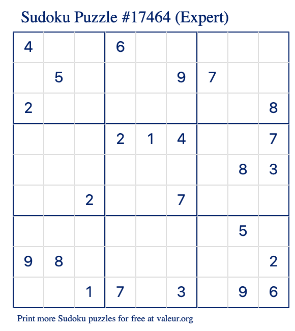 Free Printable Expert Sudoku Puzzle number 17464