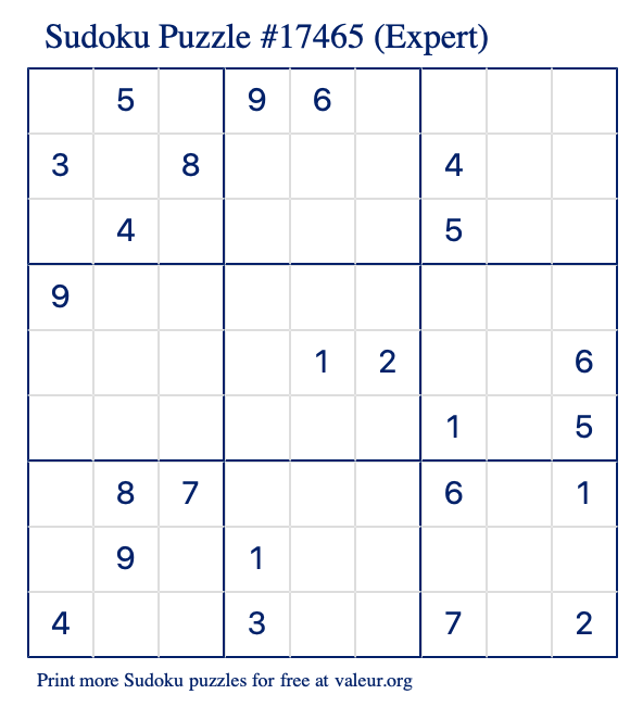 Free Printable Expert Sudoku Puzzle number 17465