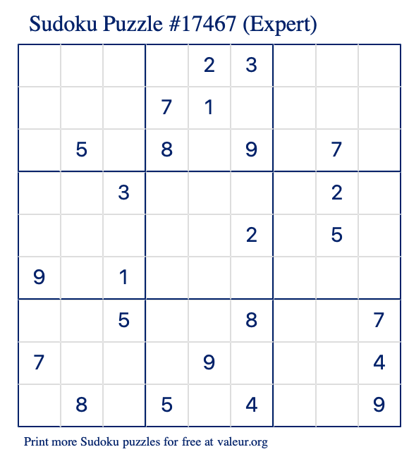 Free Printable Expert Sudoku Puzzle number 17467