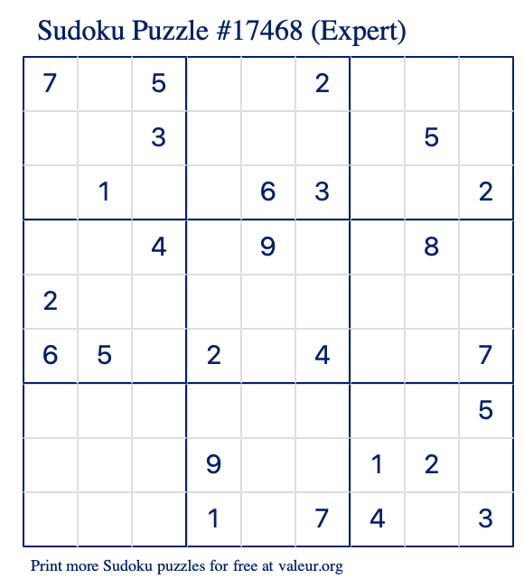 Free Printable Expert Sudoku Puzzle number 17468