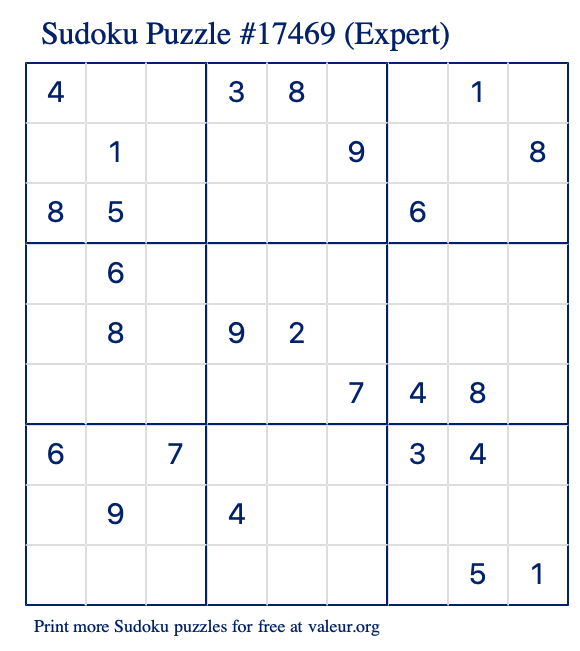 Free Printable Expert Sudoku Puzzle number 17469