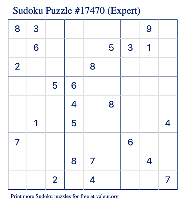 Free Printable Expert Sudoku Puzzle number 17470