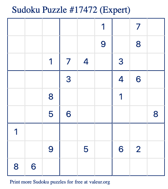 Free Printable Expert Sudoku Puzzle number 17472