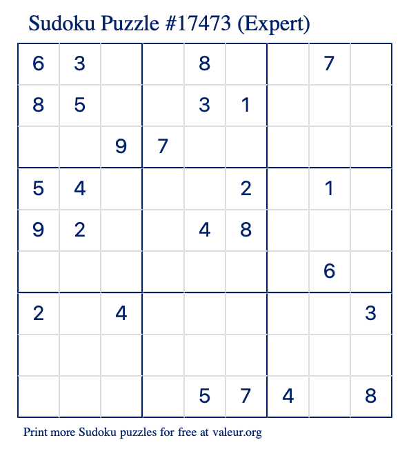 Free Printable Expert Sudoku Puzzle number 17473