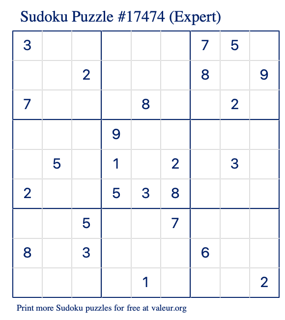 Free Printable Expert Sudoku Puzzle number 17474