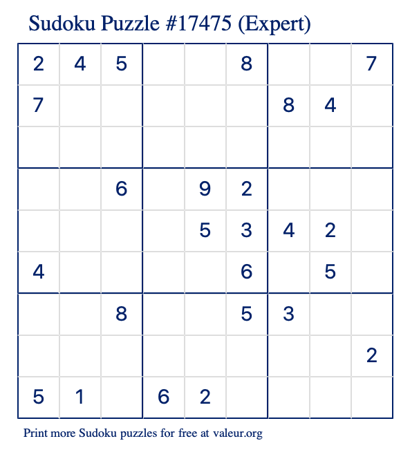 Free Printable Expert Sudoku Puzzle number 17475