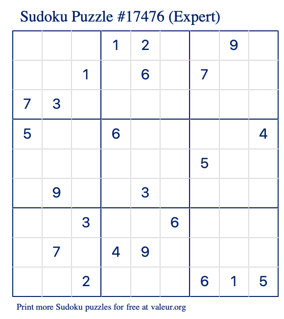 Free Printable Expert Sudoku Puzzle number 17476