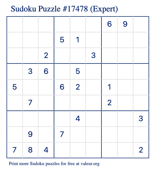 Free Printable Expert Sudoku Puzzle number 17478