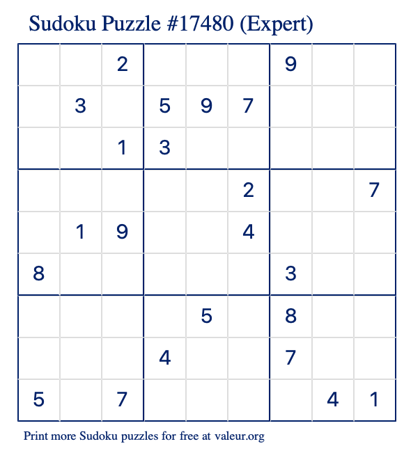 Free Printable Expert Sudoku Puzzle number 17480