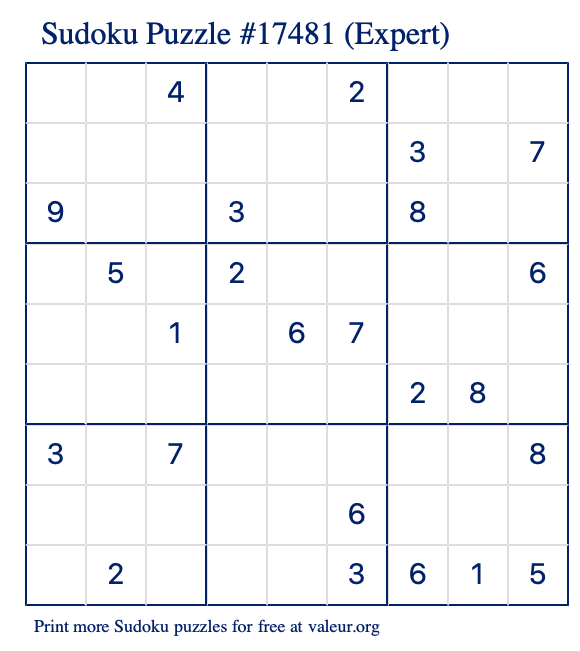 Free Printable Expert Sudoku Puzzle number 17481