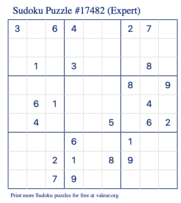 Free Printable Expert Sudoku Puzzle number 17482