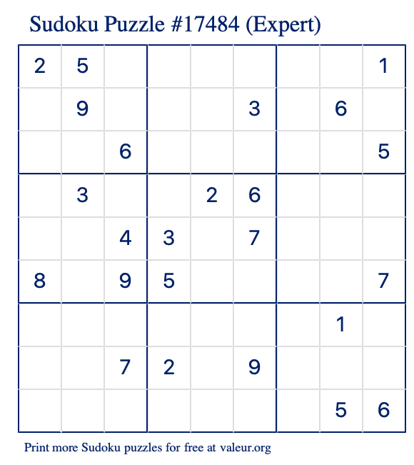 Free Printable Expert Sudoku Puzzle number 17484