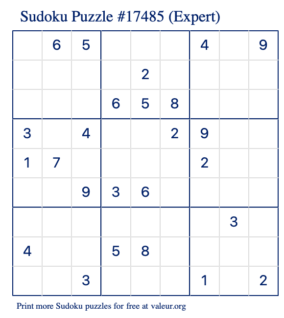 Free Printable Expert Sudoku Puzzle number 17485