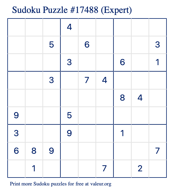 Free Printable Expert Sudoku Puzzle number 17488