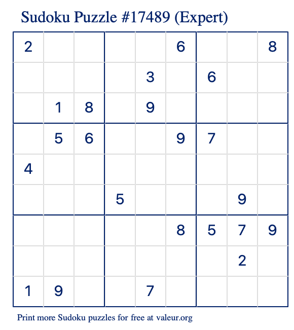 Free Printable Expert Sudoku Puzzle number 17489