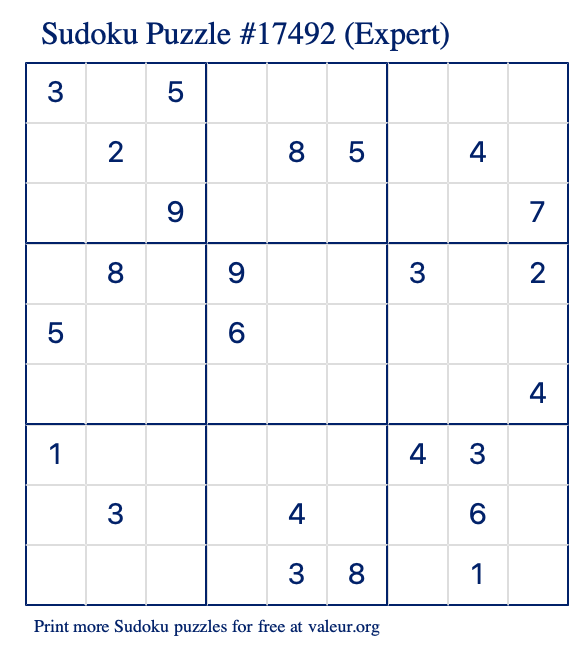 Free Printable Expert Sudoku Puzzle number 17492