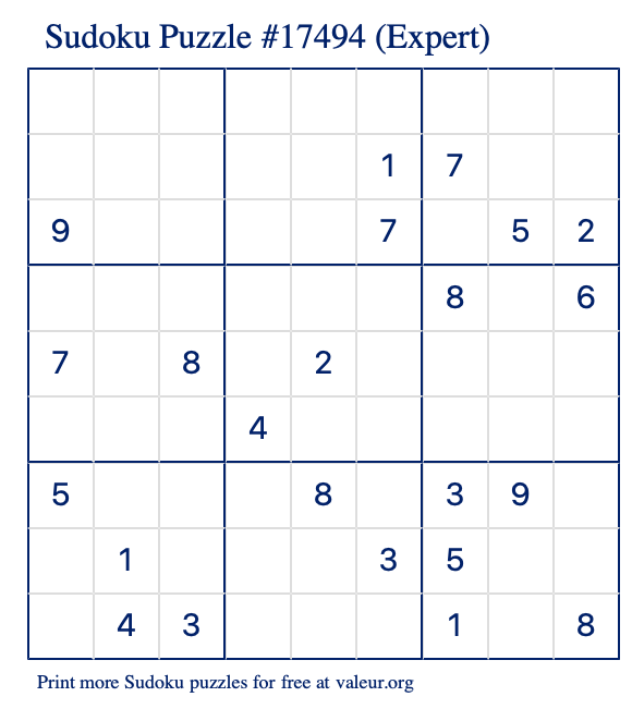 Free Printable Expert Sudoku Puzzle number 17494