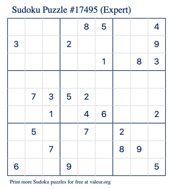 Free Printable Expert Sudoku Puzzle number 17495